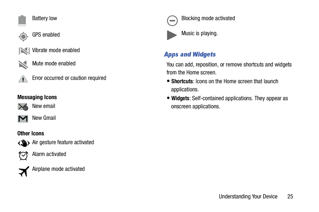 Samsung SM-T9000ZWAXAR user manual Apps and Widgets, Messaging Icons, New email New Gmail, Other Icons 