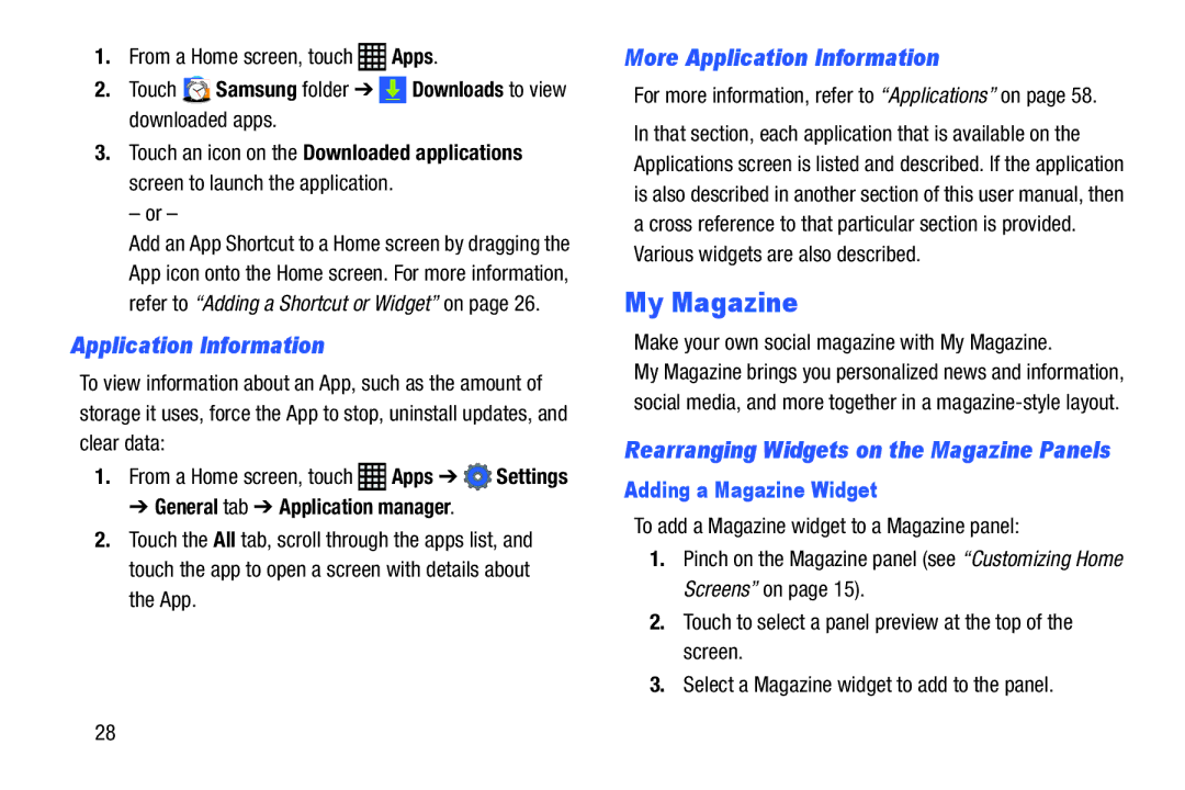 Samsung SM-T900 My Magazine, More Application Information, General tab Application manager, Adding a Magazine Widget 