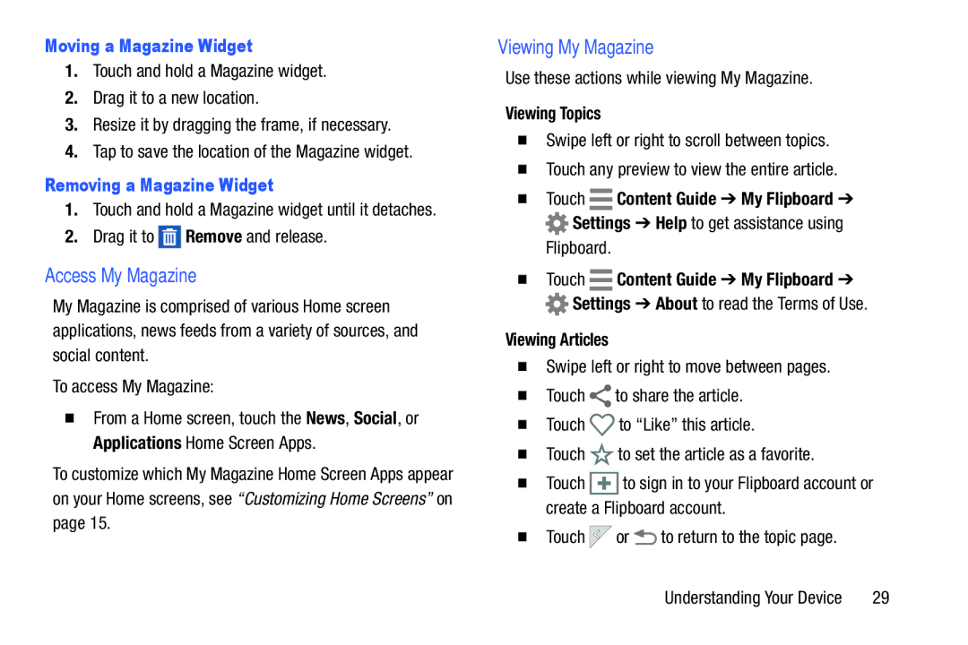 Samsung SM-T9000ZWAXAR Access My Magazine, Viewing My Magazine, Moving a Magazine Widget, Removing a Magazine Widget 