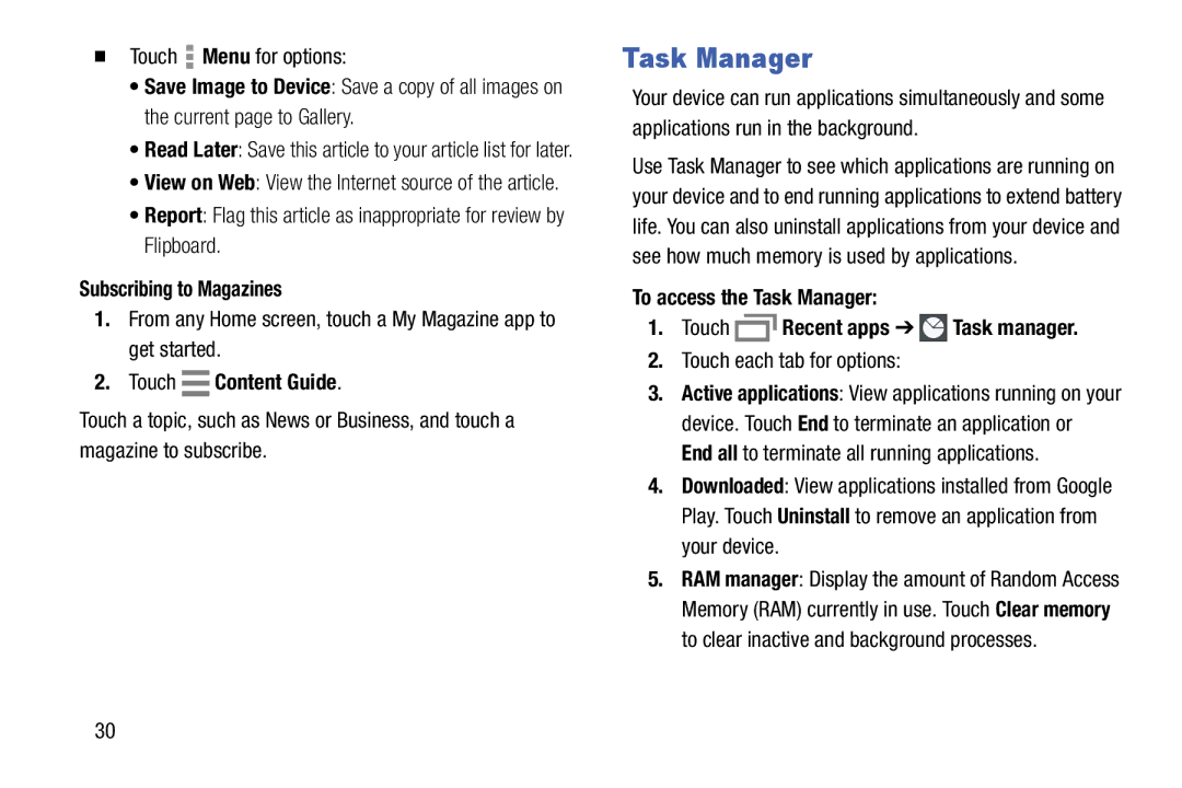 Samsung SM-T9000ZWAXAR user manual Task Manager, Subscribing to Magazines, Touch Content Guide 