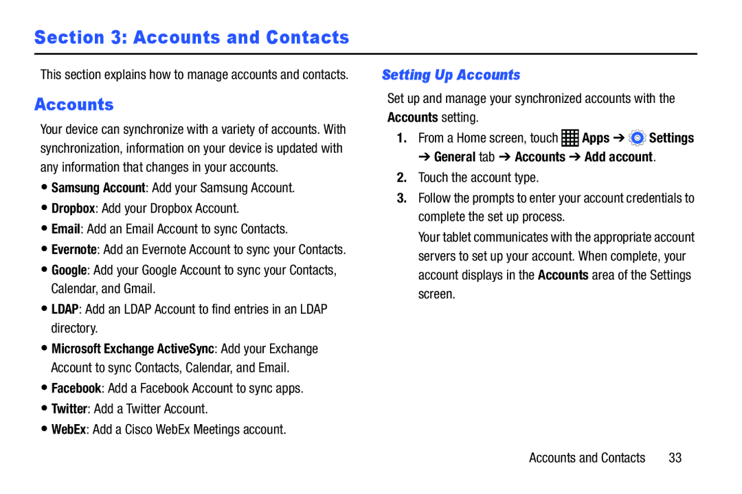 Samsung SM-T9000ZWAXAR user manual Setting Up Accounts, General tab Accounts Add account 