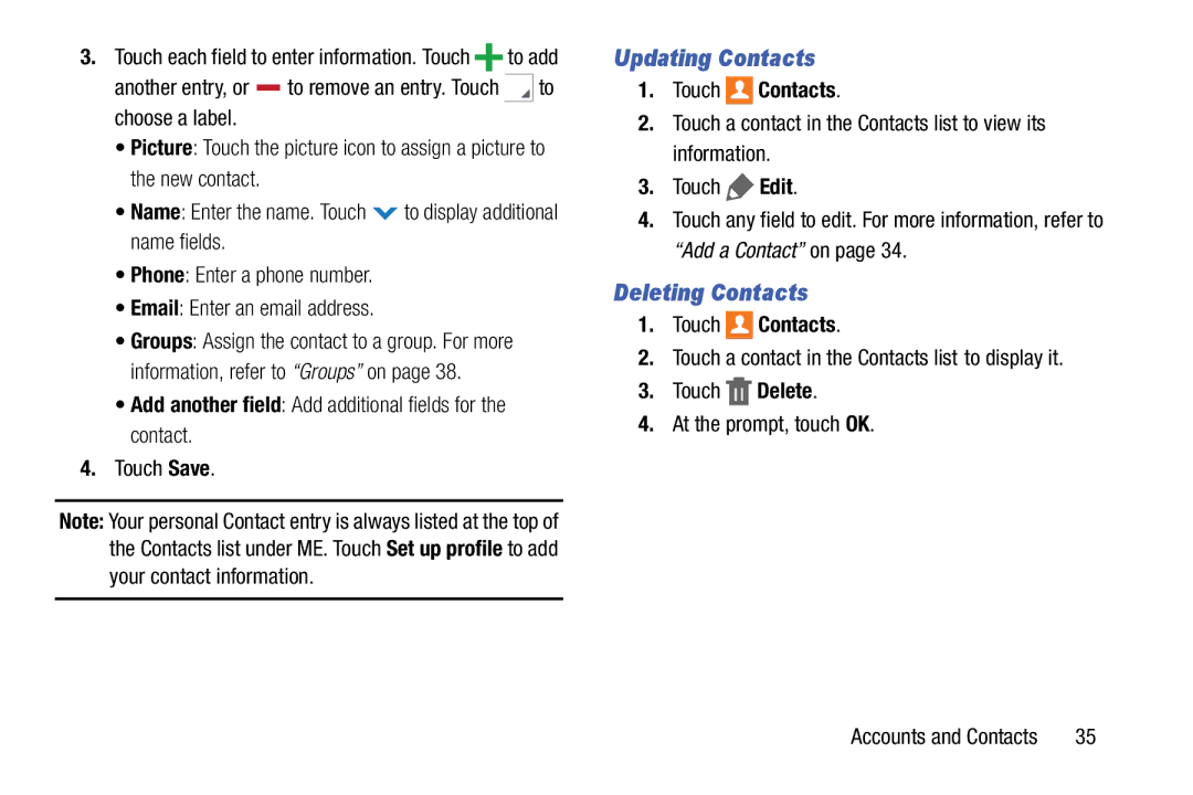 Samsung SM-T9000ZWAXAR Updating Contacts, Deleting Contacts, Add another field Add additional fields for the contact 