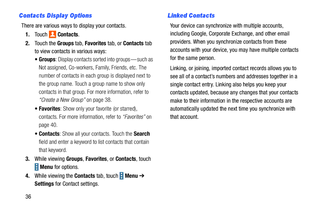 Samsung SM-T9000ZWAXAR Contacts Display Options, Linked Contacts, There are various ways to display your contacts 