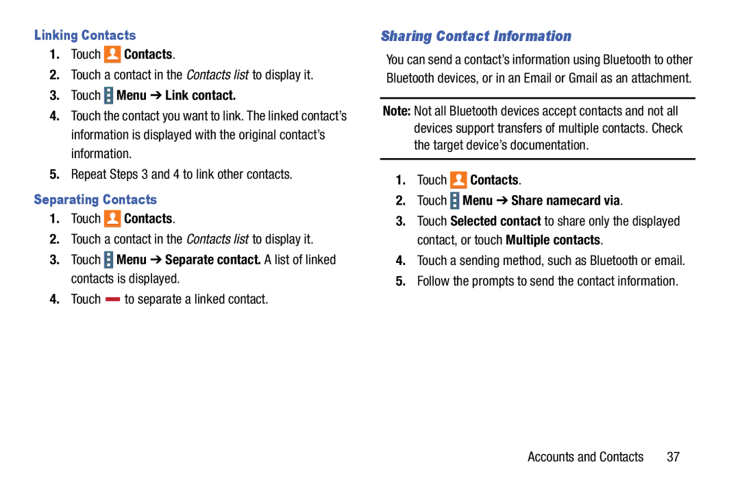 Samsung SM-T9000ZWAXAR Sharing Contact Information, Linking Contacts, Touch Menu Link contact, Separating Contacts 