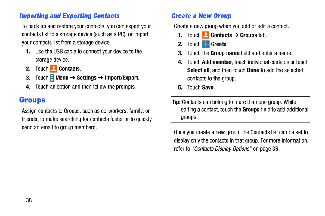 Samsung SM-T9000ZWAXAR user manual Importing and Exporting Contacts, Create a New Group, Touch Contacts Groups tab 