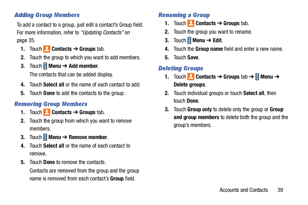 Samsung SM-T9000ZWAXAR user manual Adding Group Members, Removing Group Members, Renaming a Group, Deleting Groups 