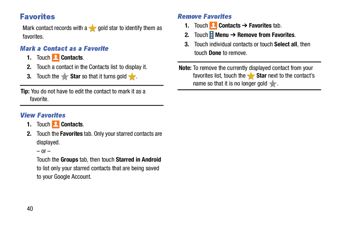 Samsung SM-T9000ZWAXAR user manual Mark a Contact as a Favorite, View Favorites, Remove Favorites, Displayed 