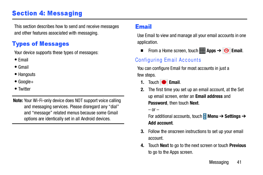 Samsung SM-T9000ZWAXAR user manual Types of Messages, Configuring Email Accounts 