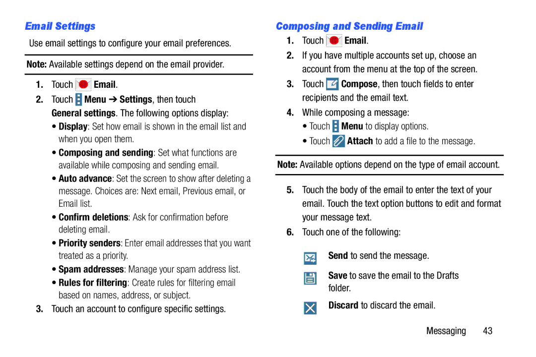 Samsung SM-T9000ZWAXAR Email Settings, Composing and Sending Email, Touch an account to configure specific settings 