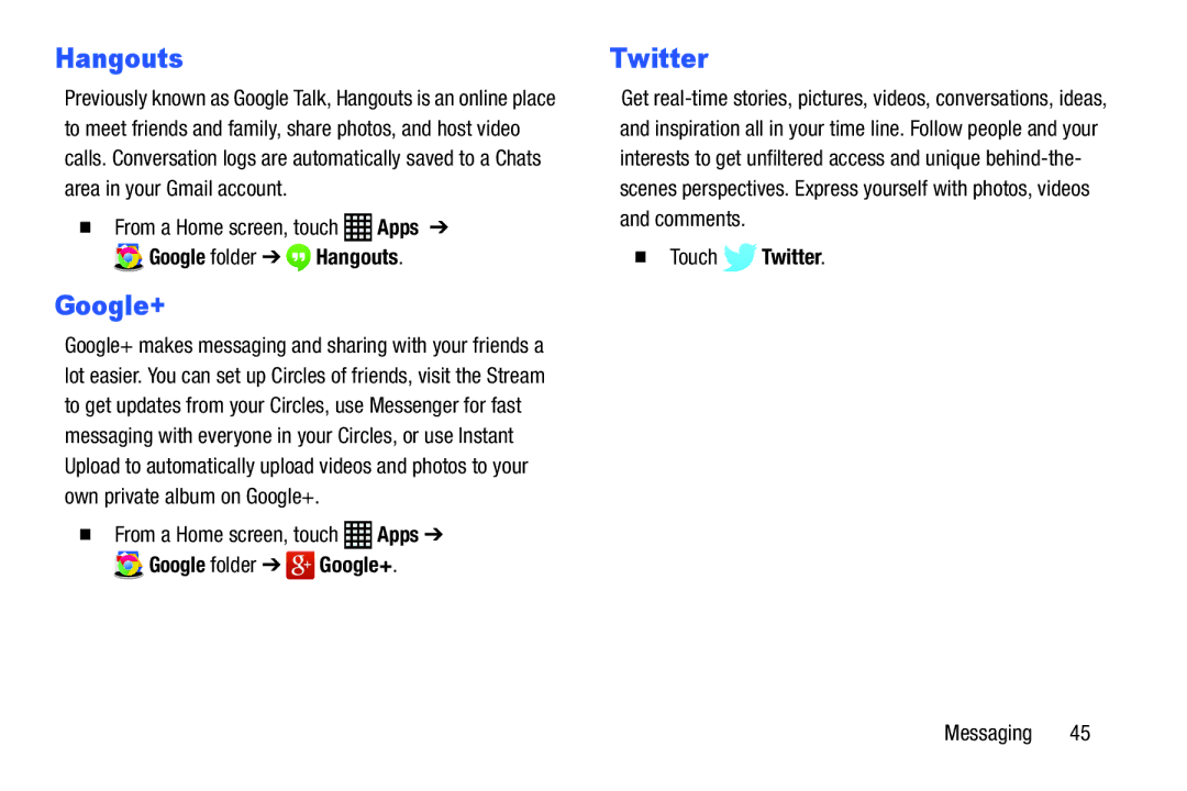 Samsung SM-T9000ZWAXAR user manual Hangouts, Google+, Twitter 