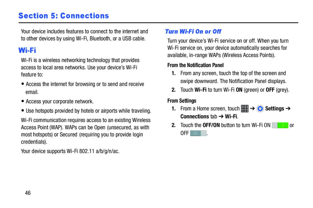 Samsung SM-T9000ZWAXAR user manual Turn Wi-Fi On or Off, From the Notification Panel, From Settings 