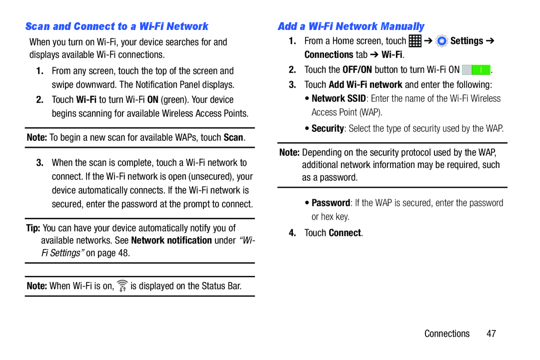 Samsung SM-T9000ZWAXAR user manual Scan and Connect to a Wi-Fi Network, Add a Wi-Fi Network Manually 