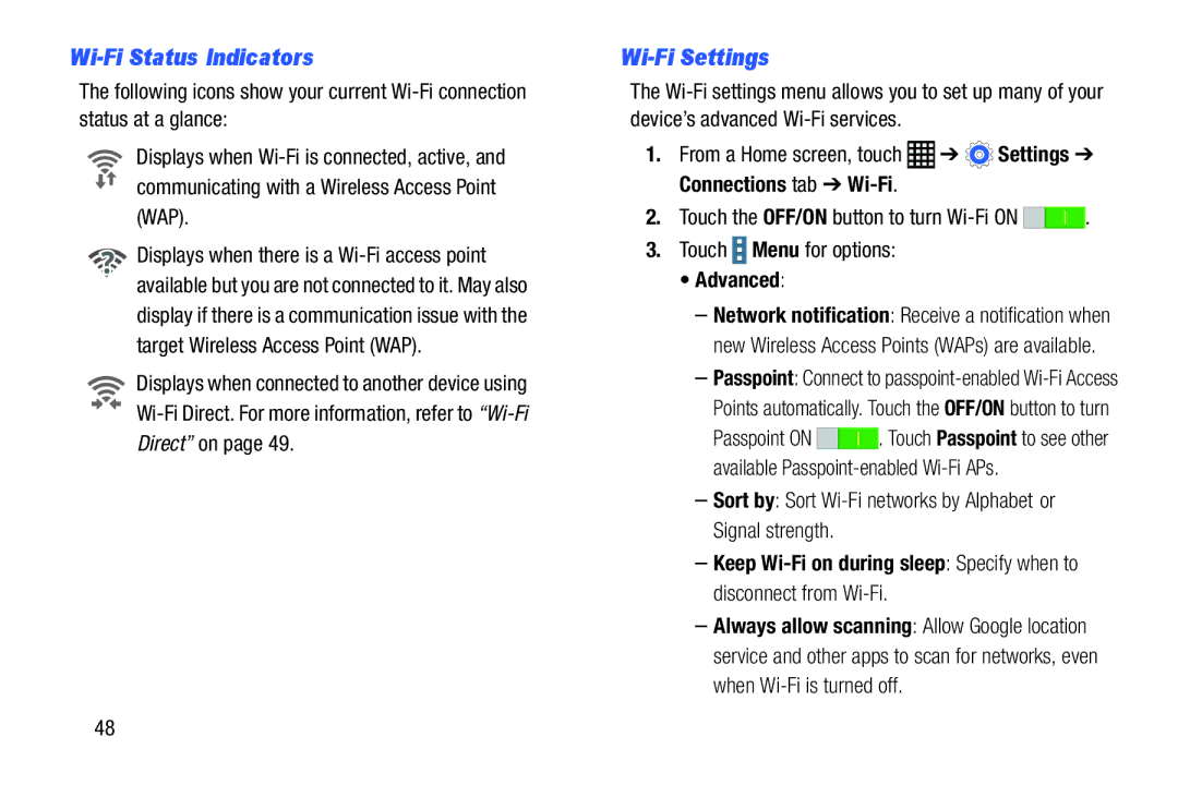 Samsung SM-T9000ZWAXAR user manual Wi-Fi Status Indicators, Wi-Fi Settings, Advanced 