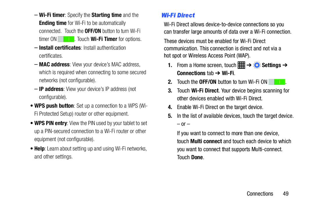 Samsung SM-T9000ZWAXAR user manual Wi-Fi Direct, Install certificates Install authentication certificates 