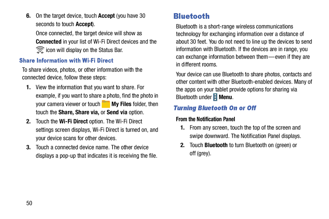 Samsung SM-T9000ZWAXAR user manual Turning Bluetooth On or Off, Share Information with Wi-Fi Direct 