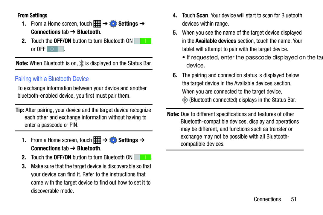 Samsung SM-T9000ZWAXAR user manual Pairing with a Bluetooth Device, Connections tab Bluetooth, Or OFF 