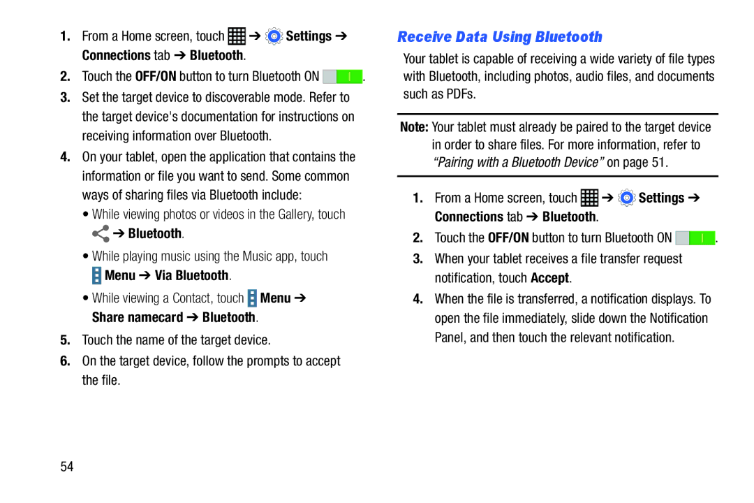 Samsung SM-T900 Receive Data Using Bluetooth, While playing music using the Music app, touch, Menu Via Bluetooth 