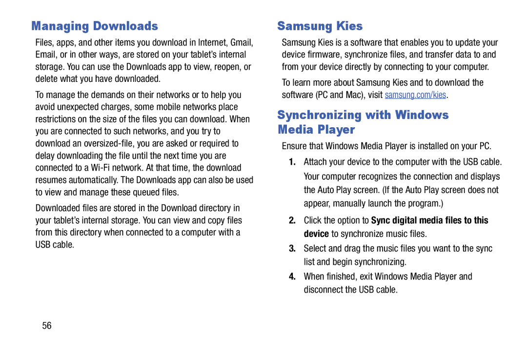 Samsung SM-T9000ZWAXAR user manual Managing Downloads, Samsung Kies, Synchronizing with Windows Media Player 