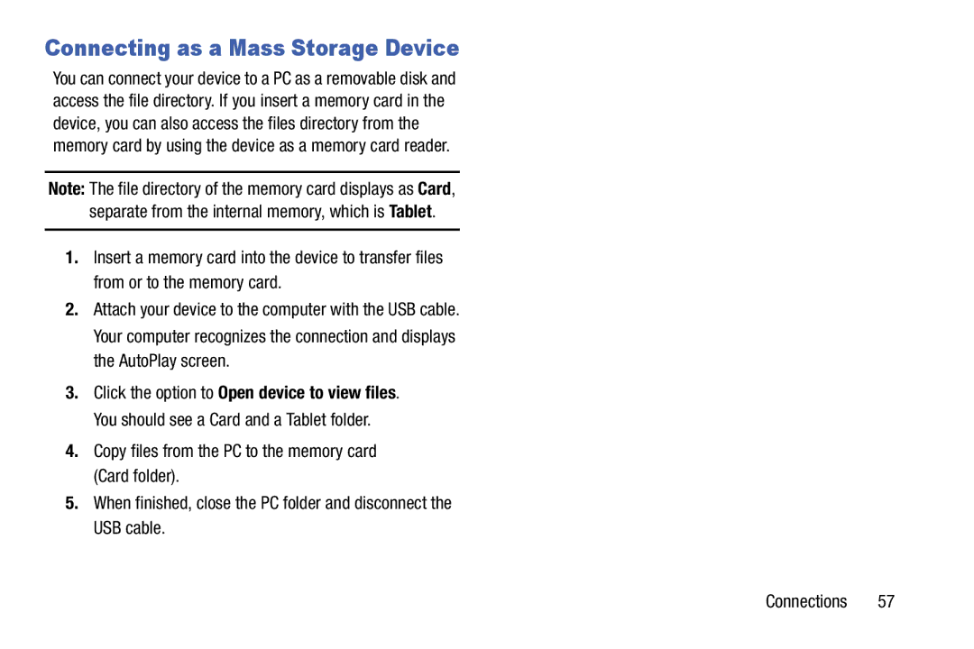 Samsung SM-T9000ZWAXAR user manual Connecting as a Mass Storage Device 