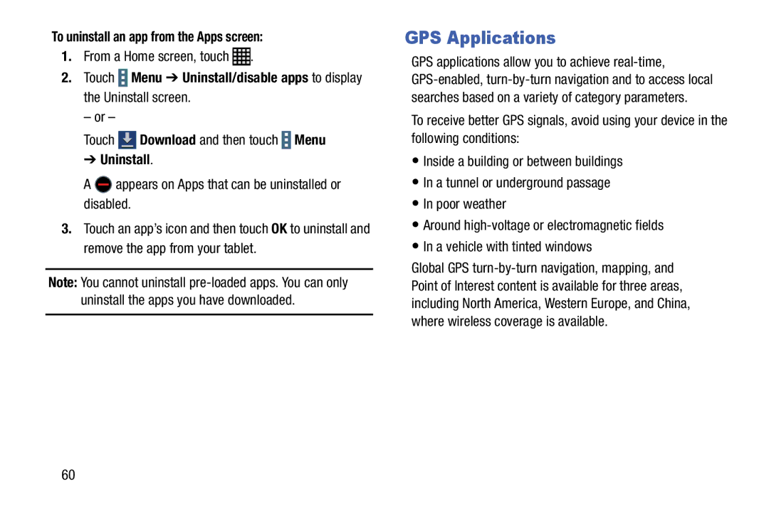 Samsung SM-T900 GPS Applications, To uninstall an app from the Apps screen, From a Home screen, touch, Uninstall 