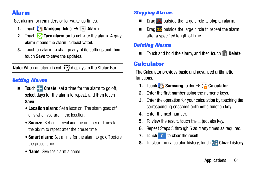 Samsung SM-T9000ZWAXAR user manual Calculator, Setting Alarms, Stopping Alarms, Deleting Alarms 