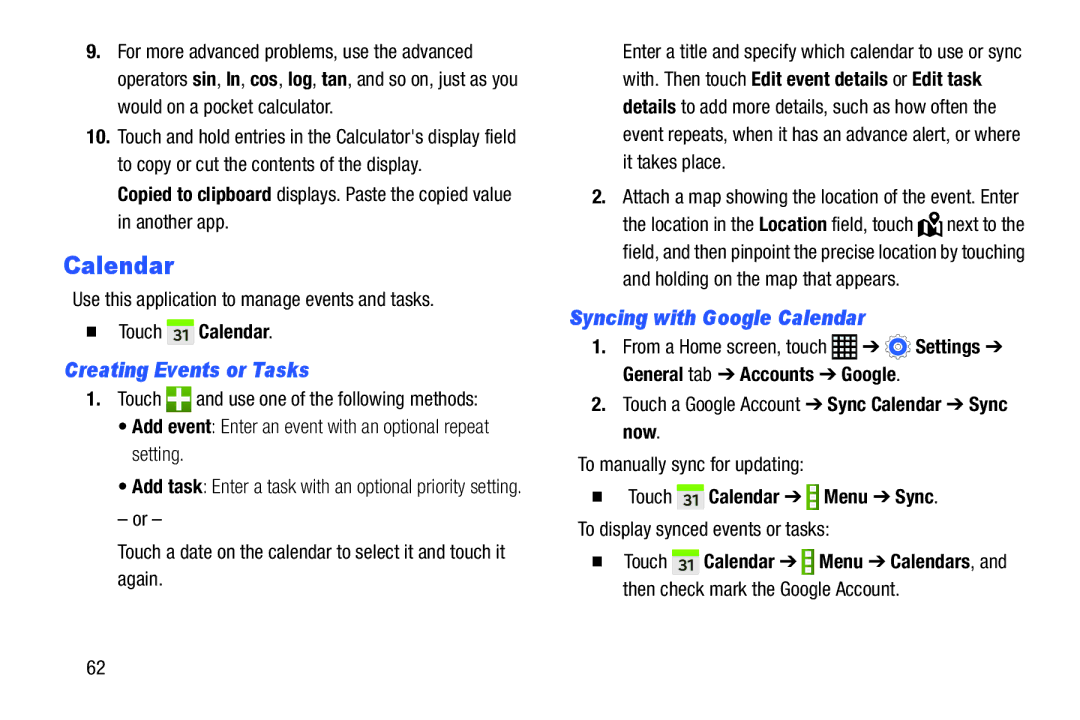 Samsung SM-T9000ZWAXAR user manual Creating Events or Tasks, Syncing with Google Calendar,  Touch Calendar 