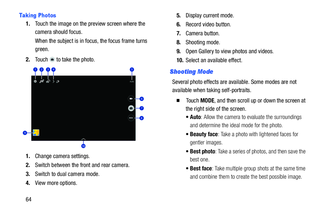 Samsung SM-T9000ZWAXAR user manual Shooting Mode, Taking Photos 