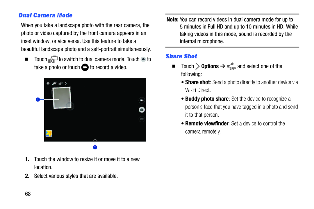 Samsung SM-T9000ZWAXAR user manual Dual Camera Mode, Share Shot 