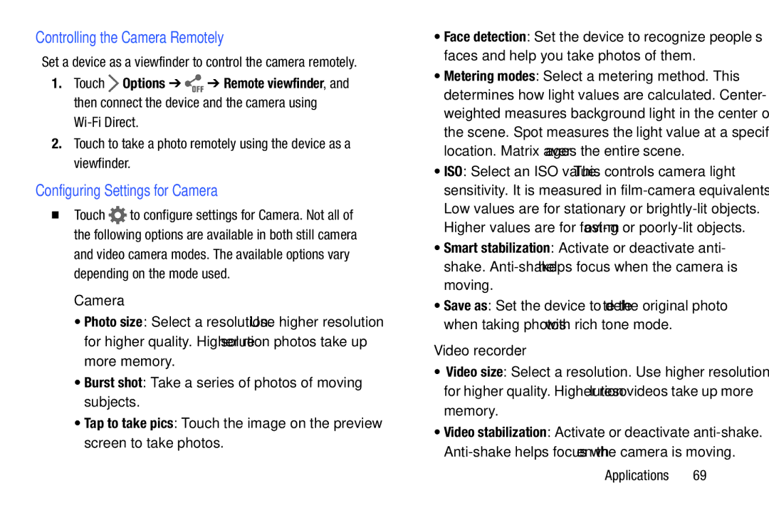 Samsung SM-T9000ZWAXAR user manual Controlling the Camera Remotely, Configuring Settings for Camera 