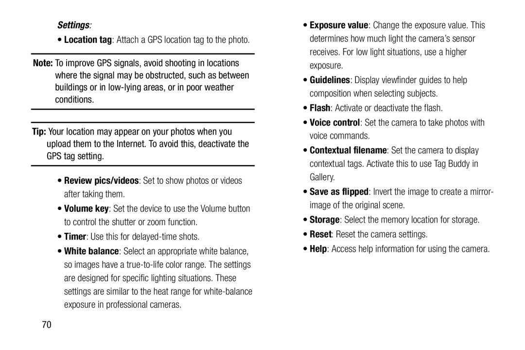 Samsung SM-T9000ZWAXAR user manual Timer Use this for delayed-time shots, Reset Reset the camera settings 