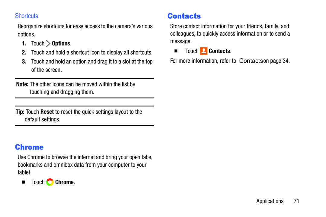 Samsung SM-T9000ZWAXAR user manual Chrome, Shortcuts, Touch Options,  Touch Contacts 