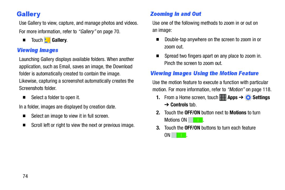 Samsung SM-T9000ZWAXAR user manual Viewing Images Using the Motion Feature,  Touch Gallery, Controls tab 