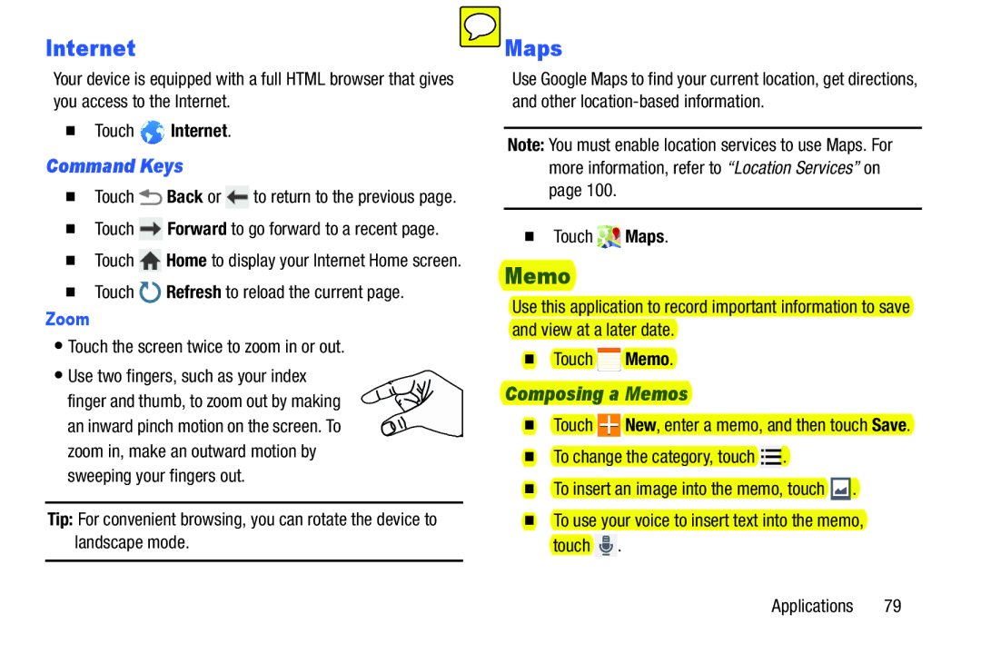 Samsung SM-T9000ZWAXAR user manual Internet, Maps, Composing a Memos, Zoom 