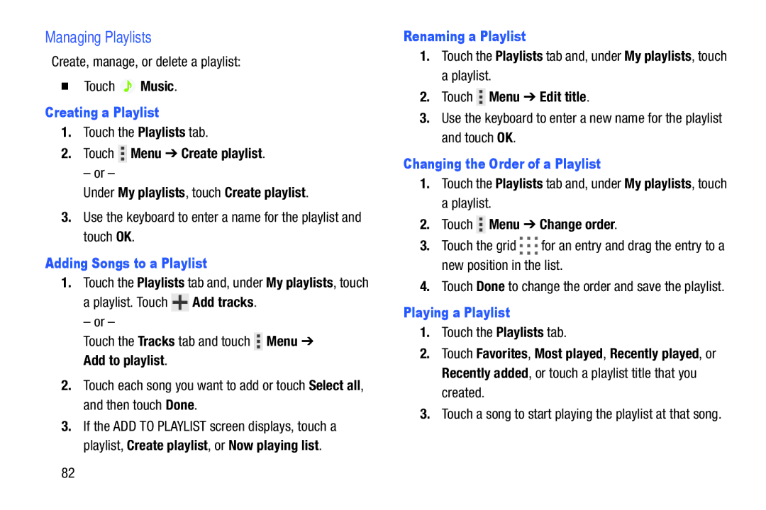 Samsung SM-T9000ZWAXAR user manual Managing Playlists 