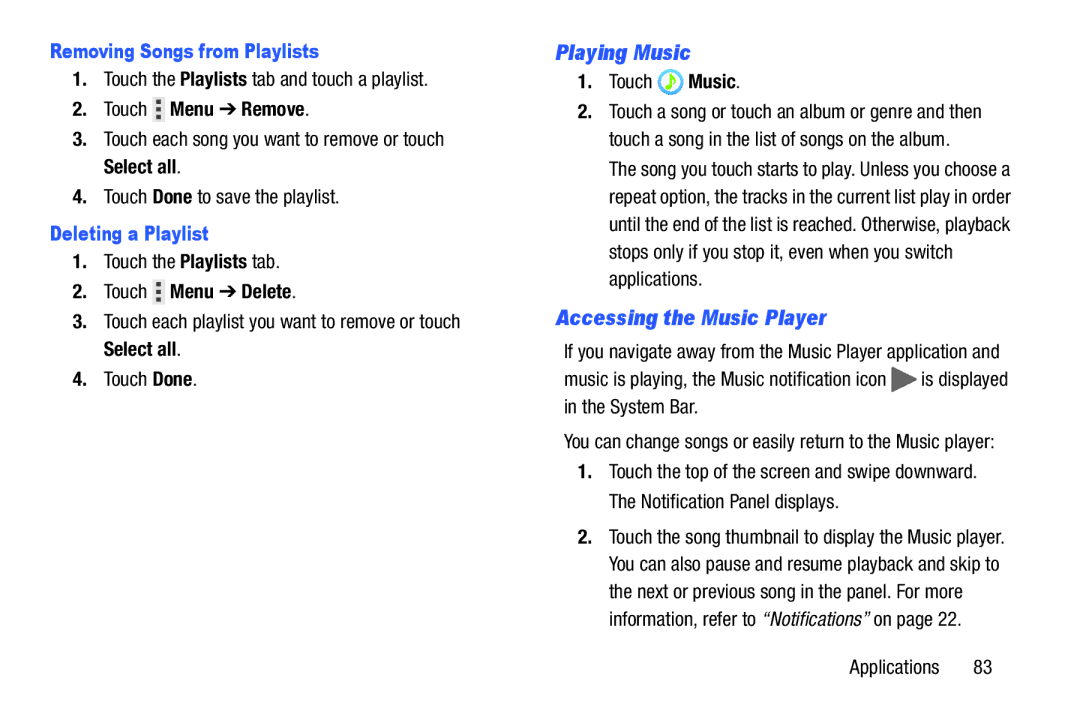 Samsung SM-T9000ZWAXAR Playing Music, Accessing the Music Player, Removing Songs from Playlists, Deleting a Playlist 