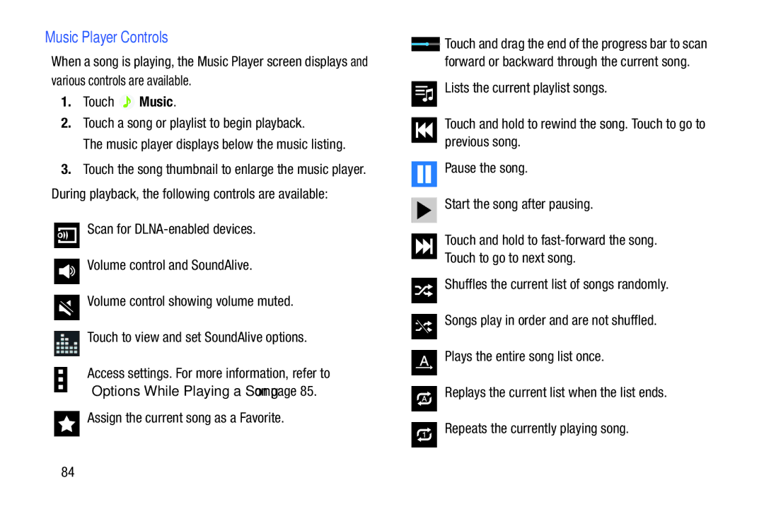 Samsung SM-T9000ZWAXAR user manual Music Player Controls, Assign the current song as a Favorite 