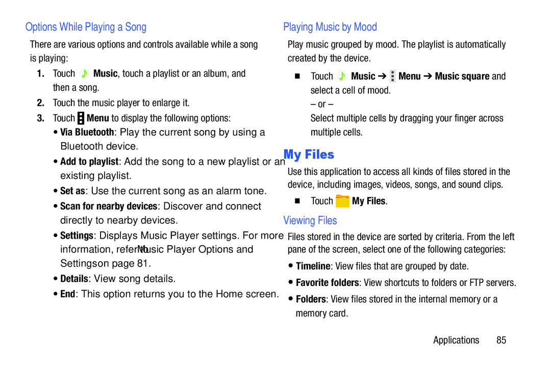 Samsung SM-T9000ZWAXAR user manual My Files, Options While Playing a Song, Playing Music by Mood, Viewing Files 