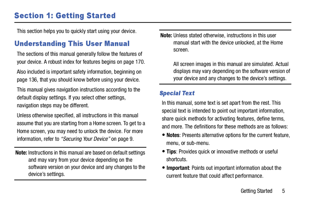 Samsung SM-T9000ZWAXAR user manual Getting Started, Special Text 