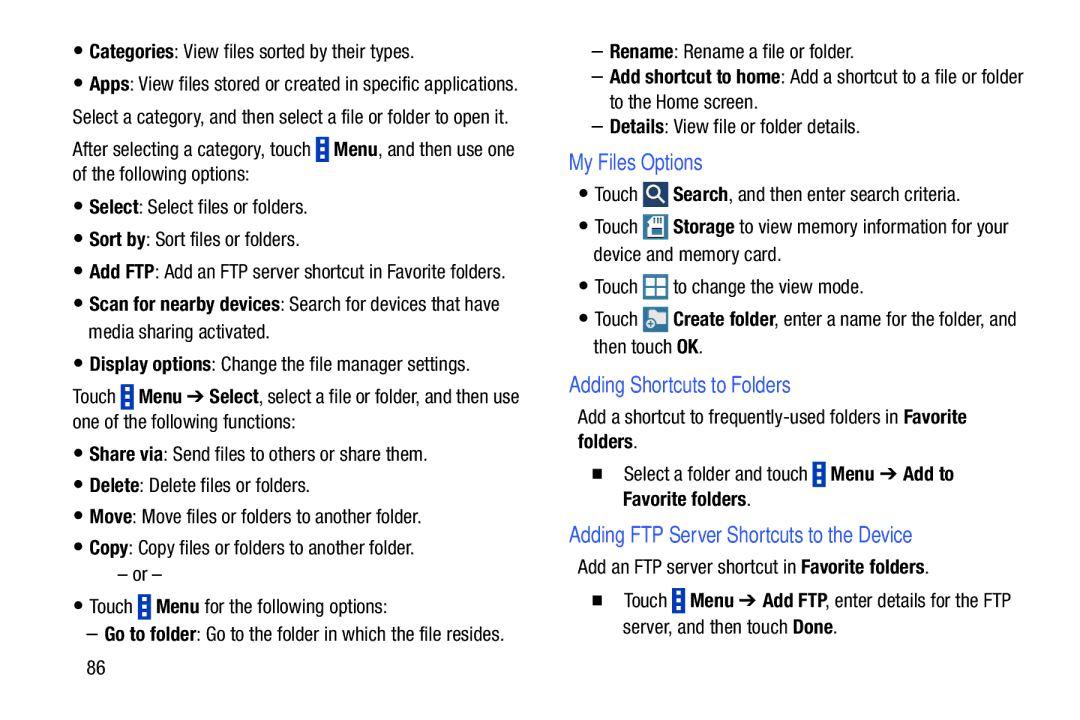 Samsung SM-T9000ZWAXAR My Files Options, Adding Shortcuts to Folders, Categories View files sorted by their types 