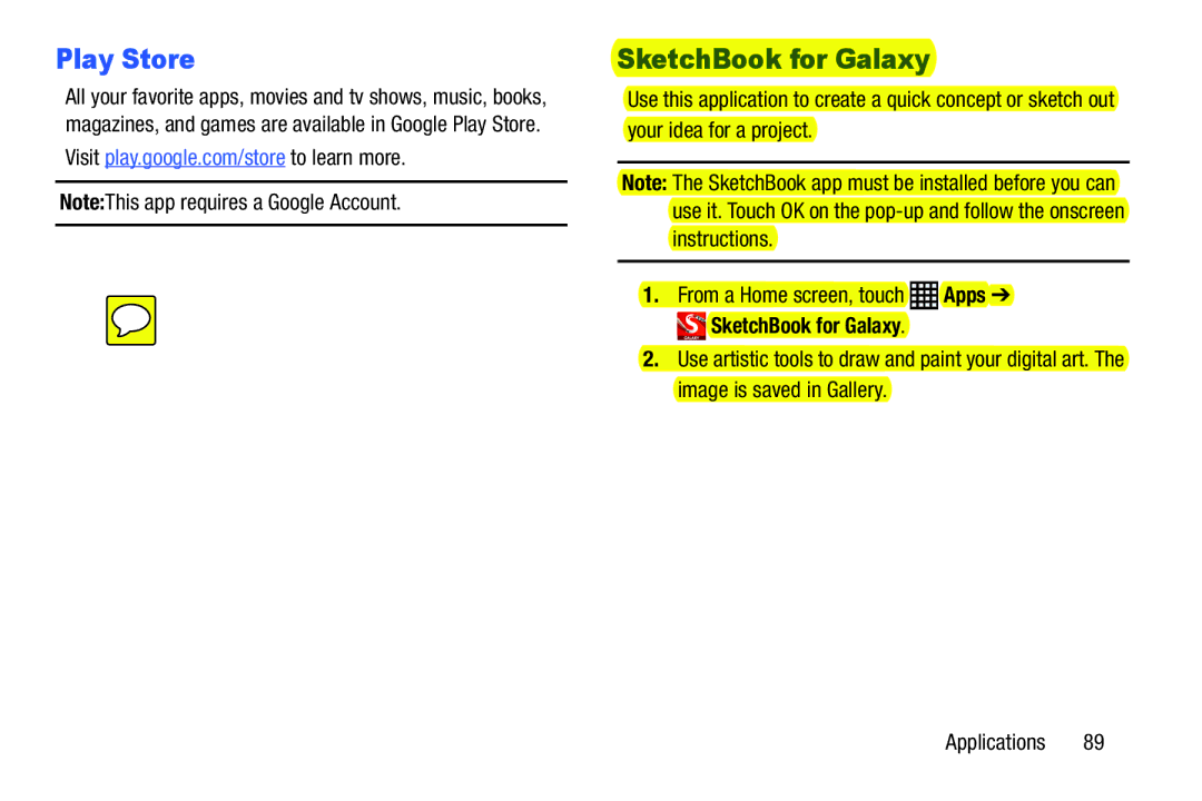 Samsung SM-T9000ZWAXAR user manual Play Store, SketchBook for Galaxy 