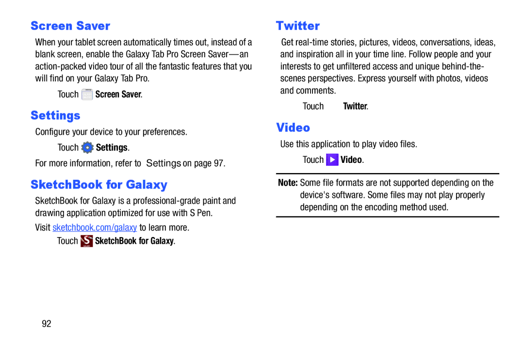 Samsung SM-T9000ZWAXAR user manual Screen Saver, Settings, Video 