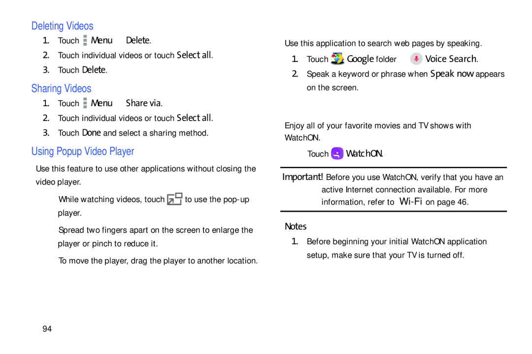 Samsung SM-T9000ZWAXAR user manual Voice Search, WatchON, Deleting Videos, Sharing Videos, Using Popup Video Player 