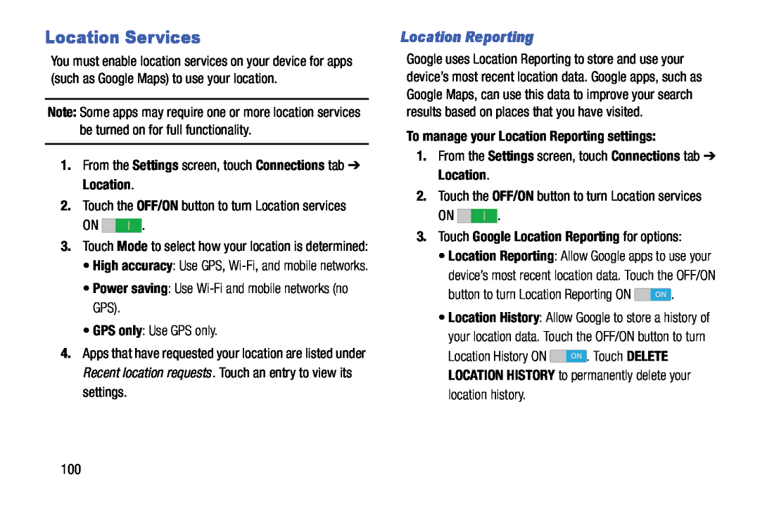 Samsung SM-T9000ZWAXAR user manual Location Services, To manage your Location Reporting settings 
