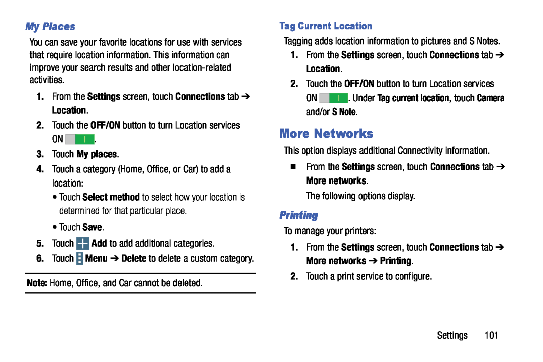 Samsung SM-T9000ZWAXAR user manual More Networks, My Places, Printing, Touch My places, Tag Current Location 