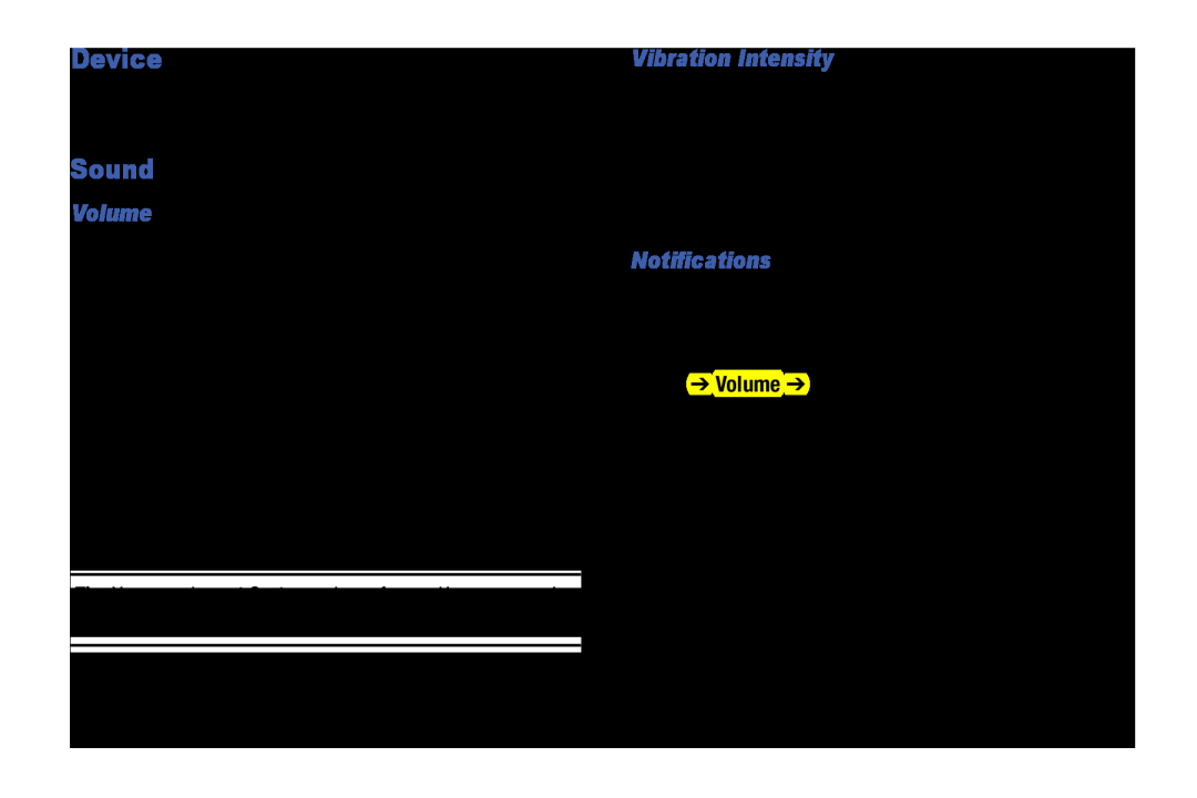 Samsung SM-T9000ZWAXAR user manual Device, Sound, Vibration Intensity, Notifications, Volume Vibration intensity 