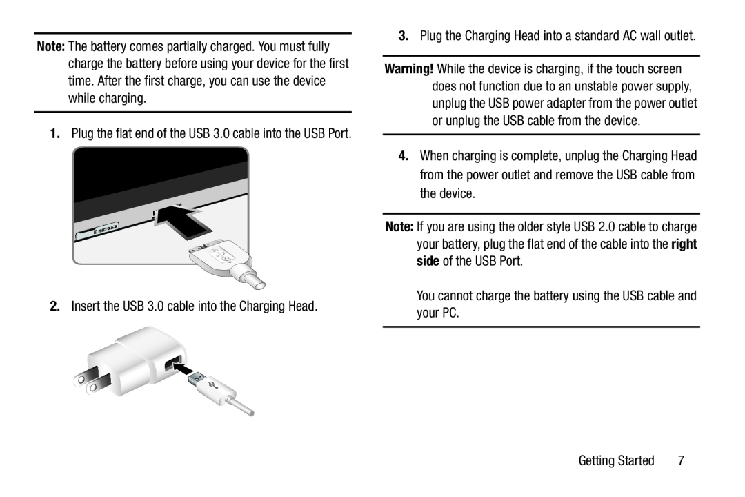 Samsung SM-T9000ZWAXAR user manual Insert the USB 3.0 cable into the Charging Head 