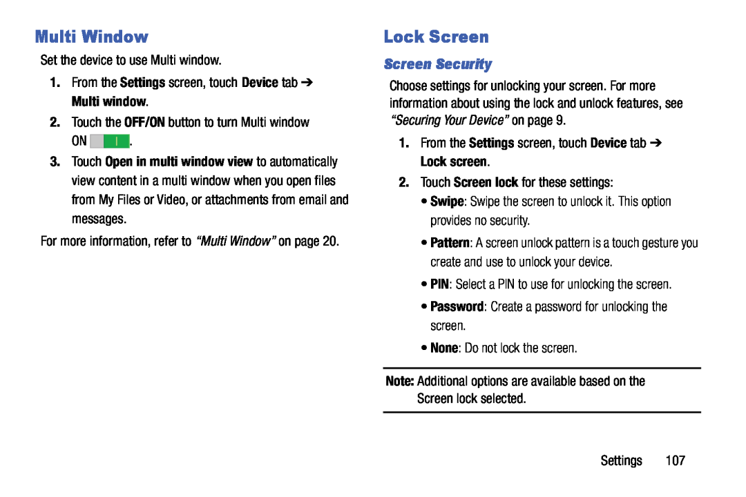 Samsung SM-T9000ZWAXAR user manual Lock Screen, Screen Security, For more information, refer to “Multi Window” on page 