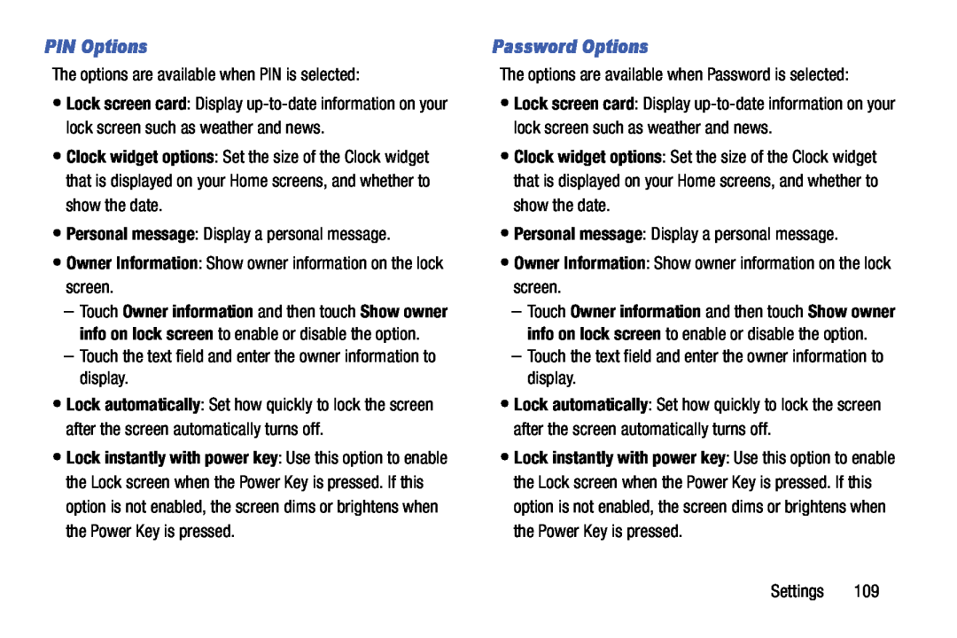 Samsung SM-T9000ZWAXAR PIN Options, Password Options, Owner Information Show owner information on the lock screen 