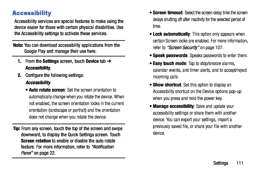 Samsung SM-T9000ZWAXAR user manual Accessibility 