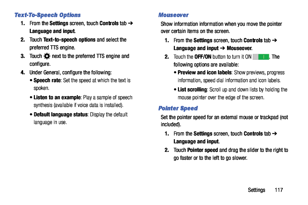 Samsung SM-T9000ZWAXAR user manual Text-To-Speech Options, Mouseover, Pointer Speed 